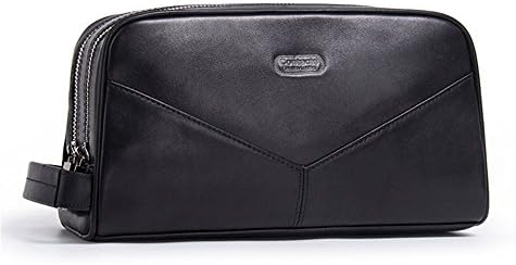 Real Leather Two Zipper Toiletry Bag Men Dopp Kit Portable Travel Organizer