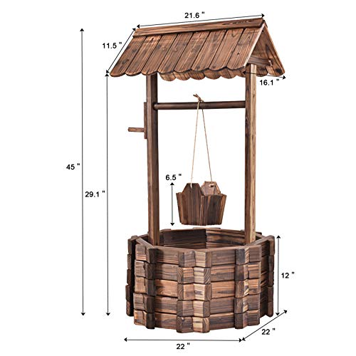 Giantex Outdoor Wooden Wishing Well with Hanging Bucket, Rustic Flower