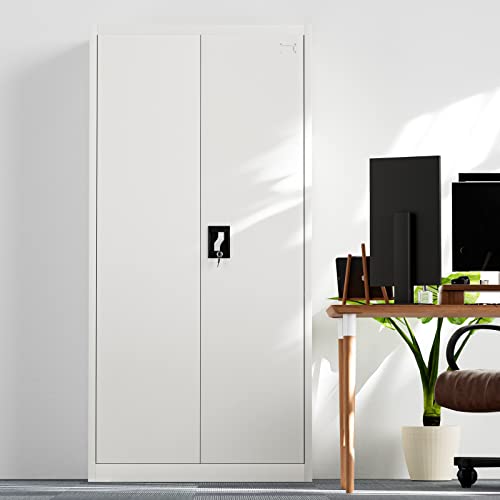 Frideko Filing Cabinet 90 x 40 x 185 cm - Metal Cabinet with 2 Doors and 2 Adjustable Shelves, Storage Cabinet with Lock for Home, Office and Warehouse, Light Grey