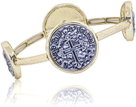 Ryssa Hammered Finish Stretchable Coin Bracelet (Golden Faith Cross (Silver Coin))