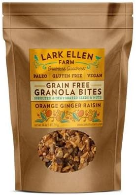 Lark Ellen Farm Grain Free Paleo Granola Bites Delicious Gluten Free Certified Organic Vegan Snacks and Cereal made from Sprouted and Activated Nuts and Seeds (Orange Ginger Raisin, 1 LB)