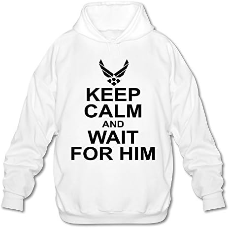 Men's Keep Calm And Wait For Him Airforce Long Sleeve Hooded Sweatshirt X-Large White