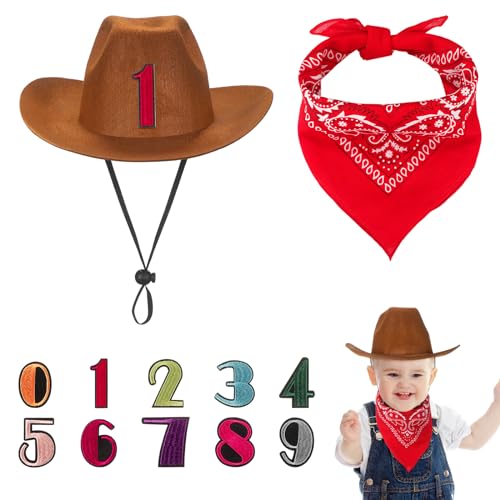 Photo 1 of Velmitten 3 Pcs Cowboy Birthday Party Hat and Bandanas with 0-9 Replaceable Numbers Infant Cowboy Hat Baby Cowboy Outfit for Kids Western Cowboy Costume Accessories for Birthday Party Dress up