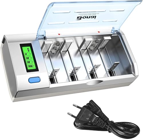 BONAI Universal Battery Charger for NI-MH AA AAA C D & Li-Ion 9V Batteries, Quick Charger with LCD Display & Discharge Function, Single Bay Monitoring, 4 Slots
