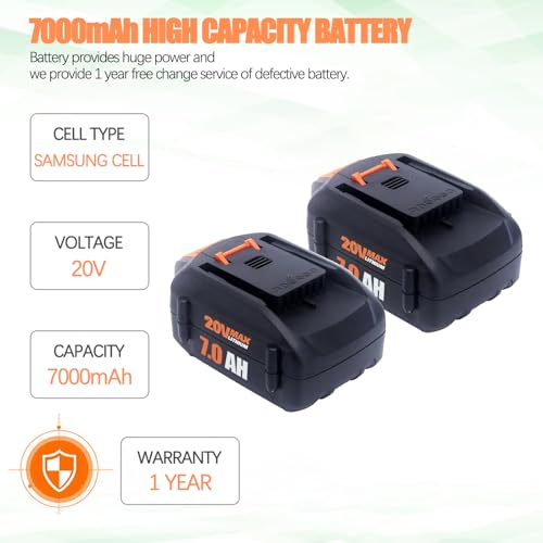 Upgraded 7000mAh 2Packs 20V Battery Compatible for Worx Battery 20V PowerShare WA3674 WA3678 WA3669 WA3575 WA3525 WA3520 WA3577 WA3578 WG151s WG155s WG251s