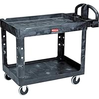 Rubbermaid Commercial Products 2-Shelf Utility/Service Cart, Medium, Lipped Shelves, Ergonomic Handle, 500 lbs. Capacity, for Warehouse/Garage/Cleaning/Manufacturing (FG452088BLA)