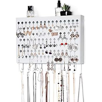 JackCubeDesign Wall Mount Earring Jewelry Hanger Organizer Holder Necklace Bracelet Rack Storage Display Stand Hanging Iron with 109 Holes/19Hooks(White,16.5 x 2.4 x 13.2 inches)-:MK329B