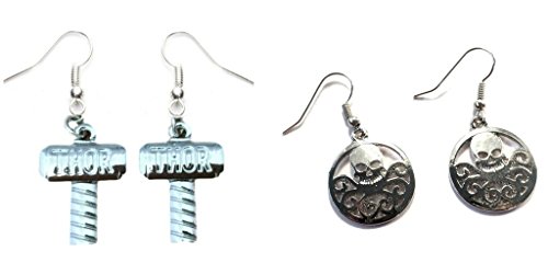 Thor Hammer and Silver Hydra Logo Dangle Earrings w/Gift Box