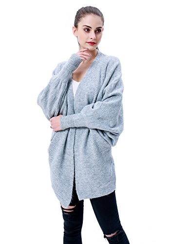 MEEFUR Women's Loose Fit Knitwear Batwing Sleeve Knit Cardigan Open Front V-Neck Rib Cuff Sweater Coat with Pockets Grey