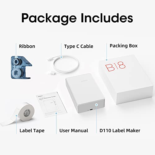 NIIMBOT B18 Portable Label Maker with Black Ribbon Cartridge and White Labels, Wireless Bluetooth Connection, Mobile Editing, Support Color Printing, Mini Sticker Printer for Labeling Office Files