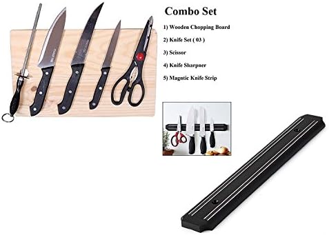 Synergy Collection Combo Wooden Chopping Board || 3 Knives || Scissor || Knife Sharpner || Magnetic Knife Holder Strip