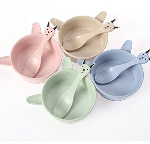 Hsaire NEW 2Pcs/set Rabbit Pattern Dinnerware Sets Children Kids Natural Wheat Straw Baby Dishes Cookware Bowl Spoon Set (Blue)