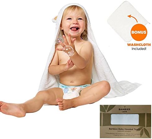 Bambies Love Luxury Hooded Baby Towel and Washcloth Set | Extra Soft Bamboo for Infant, Toddler, Newborn and Kids | Great Absorbent for Boys and Girls at Bath, Pool and Beach | Keeps Baby Dry and Warm