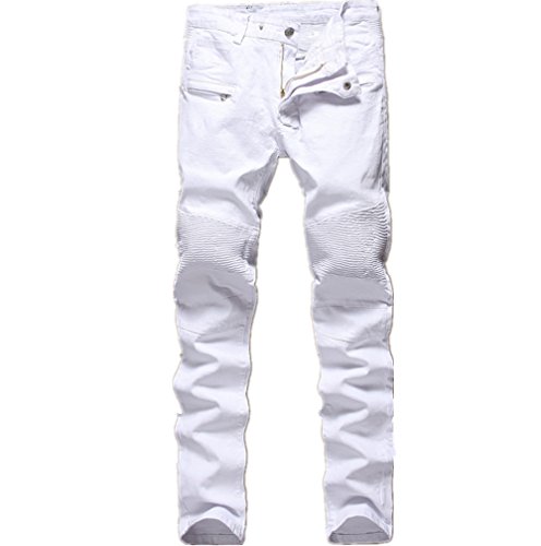 Men's White Biker Jeans Slim Straight Stretch Skinny Fit Moto Denim Jeans,W38,White