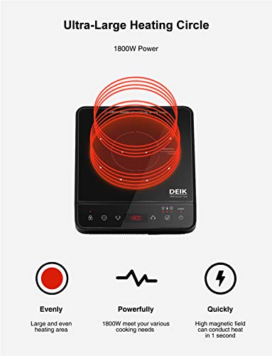 Portable Induction Cooktop, Deik 1800W Sensor Touch Induction Cooker with Child Safety Lock, Countertop Burner with Timer, 15 Power Levels and 10 Temperature Settings, Crystal Plate Surface, Black