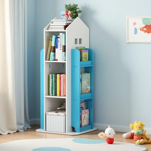Kids Rotating Bookcase 360° Spin, 3-Tier Interactive Bookshelf for Children's Room, Playroom Corner, Floor Standing Organizer for Toys & Books, Living Room, Study (Blue)