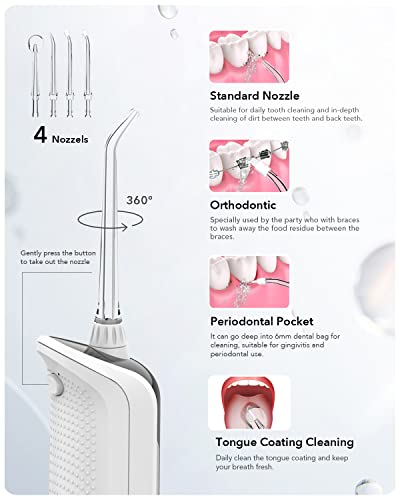 MonaSmile 350ML Cordless Water Flosser Pick, 5 Modes, 4 Nozzles, IPX7 Waterproof, Battery Indicator, Portable Oral Irrigator for Teeth Deep Cleaning, Home Travel Use (White)