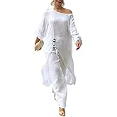CHICME Women 2 Piece Outfits Cold Shoulder Long Sleeve Top Wide Leg Pants Linen Matching Lounge Set