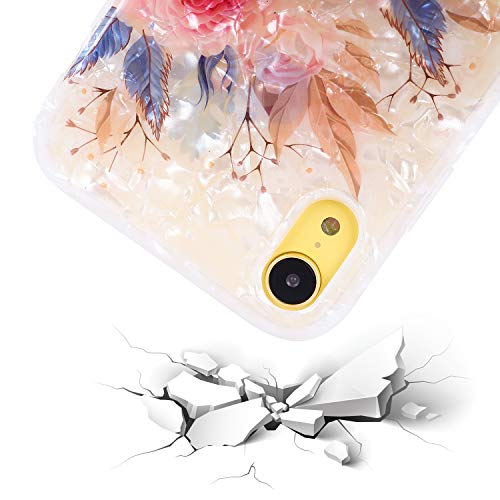 RicHyun Girly iPhone XR Case, Cute Pink Floral Soft Pearly Lustre TPU Cover with Sparkly Diamond Ring Holder for Women