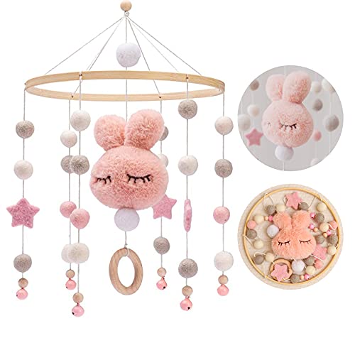 Promise Babe Pink Rabbit Mobile with Felt Balls Nursery Hanging Bed Bell Bunny Felt Crochet Mobile Wind Chime for Crib Crib Changing Table Baby Room Gifts