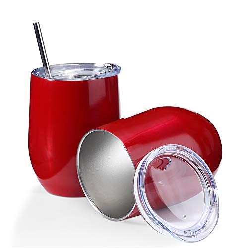 2 Pack 12 oz Wine Tumbler with Lids, Double Wall Vacuum Insulated Stainless Steel Stemless Wine Glass, Travel Coffee Mug Cup for Wine, Drinks, Champagne, Cocktails (Include Straws & Brush) (Red) - Thumbnail 6