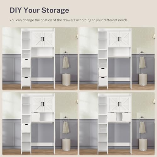 TEENFON Over the Toilet Storage Cabinet with 2 Removable Drawers, Above Toilet Storage Cabinet with 10 Storage Shelves, Taller Wooden Free Standing Bathroom Storage, Laundry Room Storage Shelf, White