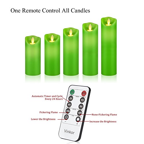 Vinkor Flameless Candles Flickering Battery Operated Candles 4" 5" 6" 7" 8" Set of 5 Classic Real Wax Pillar With Moving LED Flame & 10-key Remote Control 2/4/6/8 Hours Timer 400+ Hours(Green)
