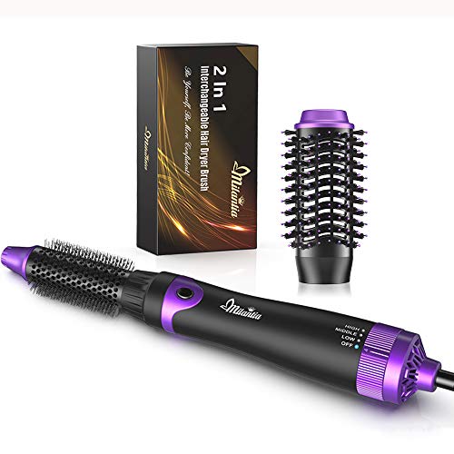 Milantia 2 in 1 Hair Dryer Brush, Professional 1000W Interchangeable Ceramic Tourmaline Ionic Hot Air Brush, 3 Heat/2 Speed Settings Hair Volumizer and Dryer for Drying/Curling/Straightening