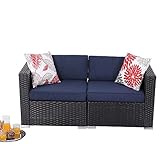 PHI VILLA Outdoor Sectional Furniture- All Weather Patio Rattan Sofa Set (2-Piece 2, Blue)