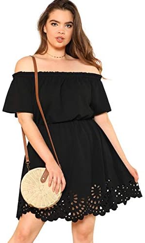 Romwe Women's Plus Size Off The Shoulder Hollowed Out Scallop Hem Party Short Dresses