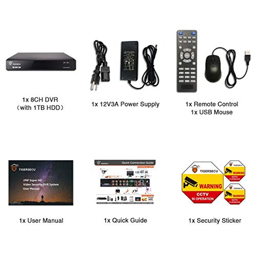 TIGERSECU Full HD 1080P 8-Channel DVR CCTV Video Security Recording System with 1TB Hard Drive (Cameras Not Included) (Certified Refurbished)