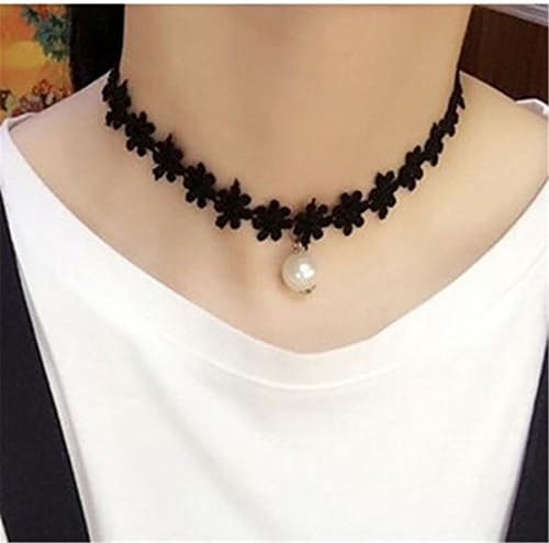 UNKE Women Girl Lace Daisy Flower Chain Acrylic Bead Black Choker Jewelry