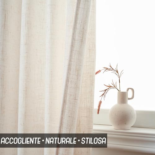 GIRASOLE HOME Pair of Crete Semi Filtering Curtains in Natural Faux Linen 2 Panels 55 x 220 cm with Pocket