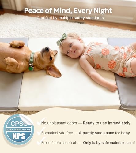 Mallify Quad-Fold Baby Kids Mat, Foldable & Portable PU Leather Kids Mat for Floor, 71" x 30" Bedside Mat, 2'' Thicken Soft Anti-Fall Playmat, Waterproof Play Mat for Kids and Children