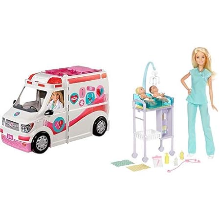 Barbie FRM19 - 2-in-1 Krankenwagen, aufklappbares Fahrzeug mit Licht und Geräuschen, Puppen Spielset mit Zubehör, Mädchen Spi