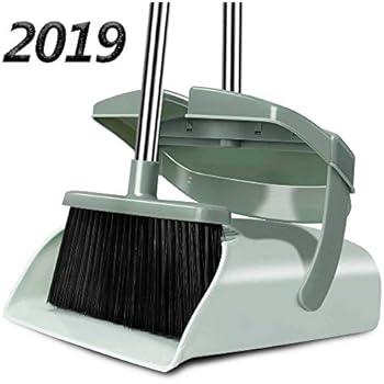 Chouqing Broom and Dustpan Set with Lid, Super Long Handle Stainless Steel & Light Weight Lobby Broom, Upright Dust Pan with Teeth, Ideal for Dog Cat Pets Home Kitchen Office Use (Jade Green)