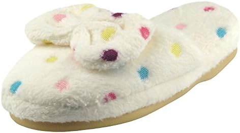 Diffyou Women's Warm Bow Polka Dots Low Heel House Indoor Slippers White 4-5.5 B(M) US