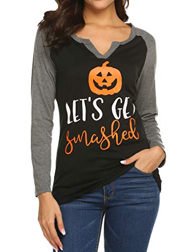 Locryz Women Funny Halloween Pumpkin Long Sleeve Raglan Baseball Fall Graphic Tee Tops Black Floral L