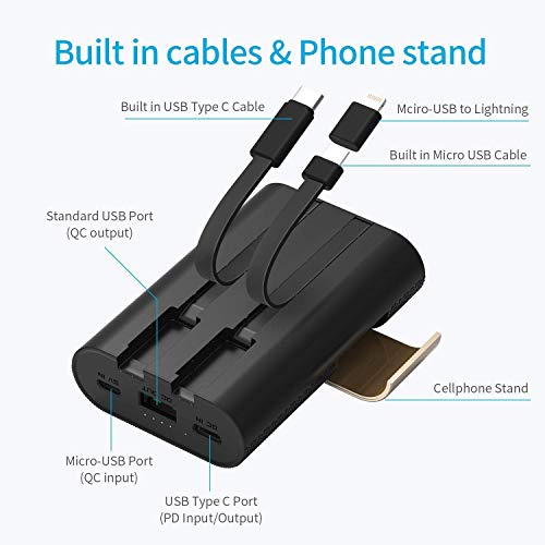 iWALK 10000mAh Ultra Compact Portable Charger with Built in Cables, USB C Power Bank 18W Power Delivery & QC3.0 External Battery Pack Compatible with iPhone Xs max X 8 7 6 5s, Samsung S9/S8 and More