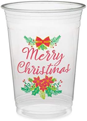 Greenhouse Compostables , Merry Christmas Clear Cold Cups, 50 Count, 16 oz, 100% Compostable - Red Poinsettias And Green Holly, Christmas Holiday Party Disposable Cups