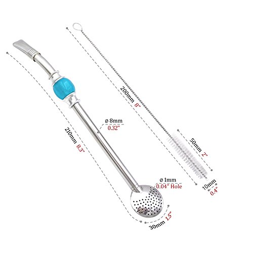 Yerba Mate Bombilla Gourd Drinking Filter Straw 304 Food-Grade 18/8 Stainless Steel Removable Filter Head with 3 Cleaning Brushes - 8.3" Long (Blue) - Thumbnail 5