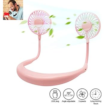 Hand Free Personal Fan, Mini LED Portable USB Rechargeable Headphone Design Neckband Fan with Rainbow and White Light, 3 Speeds Cooler Fan Dual Wind Head for Traveling Outdoor Office Room (Pink)
