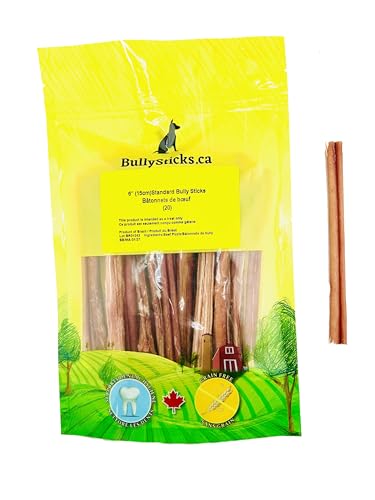 ODOURFREE 6" Thin Bully Sticks for Dogs (20 Pack) Dental Chew - Rawhide Free - Single Ingredient All Natural Beef Chew - Consistent Size - for Small Dogs/Puppies - Canadian Company