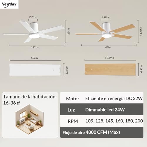 Newday 122 cm White Ceiling Fan with Light and Control, Ceiling Fan Lamp with 5 2 Colour Blades, Reversible DC Motor Quiet, Memory Function, Dimmable LED for Bedroom Office