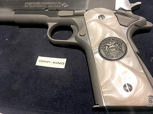 1911 GRIPS SALE $37.73. BUY-OUT. U.S. AIR FORCE. ALL METAL MEDALLIONS FITTED IN DEEP SHINE HI-LUSTER PEARL. FITS SIG,SPRINGFIELD S & W, COLT KIMBER,RUGER,TAURUS,PARA,WILSON,CLONES. MADE IN U.S.A.