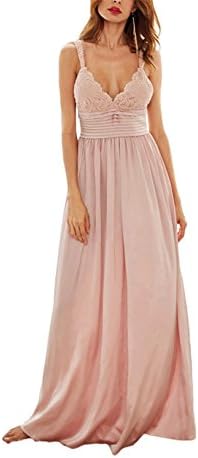 CYimejo Elegant Triangle Lace Top Deep V Neck Pleated Waist Slip Sleeveless Maxi