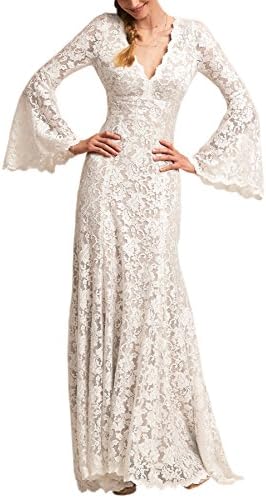 Wanhua Long Bell Sleeve V Neck Vintage Lace Wedding Dress Bridal Gown