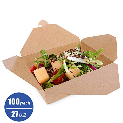 Disposable Paper and Recyclable Take Out Food Boxes, Perfect for Take Out Restaurants Kraft Lunch Box, Go-to Food Containers Easy Folding and Closing, Stackable Pails 100 Packs (27 oz)