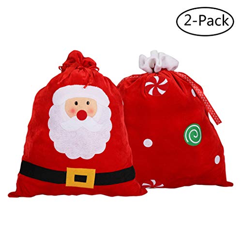 Faylapa 2 Pcs Large Santa Sacks,Christmas Golden Velvet Santa Claus & Belt Stocking with Drawstrings,Reusable Designs,23.2 X 26 Inch Bag