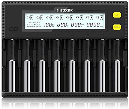 Miboxer 18650 Battery Charger 8 Bay Intelligent Automatic LCD Display for Li-ion LiFePO4 Ni-MH Ni-Cd AA AAA C 18700 21700 20700 26650 18350 17670 RCR123 Batteries & More